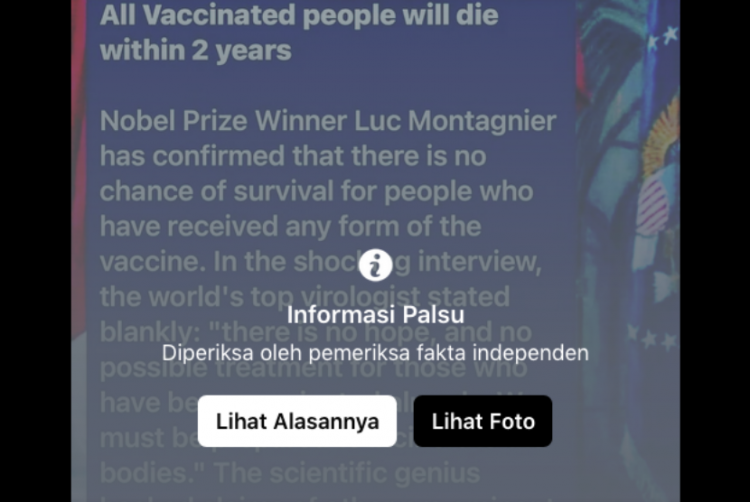 Unggahan yang mencatut nama peraih Nobel Luc Montagnier beredar luas di media sosial, termasuk Facebook.Foto: Tangkapan layar